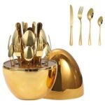 Fork Knife Spoon Set with Egg-Shaped Tableware Storage Box Premium Stainless Steel 24 pcs ( Gold)