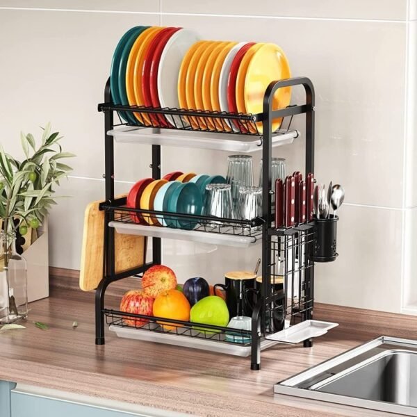 Arcanine Steel Dish Drying Rack Over Sink 3-Tier Large Capacity Kitchen Storage Rack With Drip Tray Sink Organize Stand Shelf With Utensil Holder Hooks Dish Drainer(Metal)